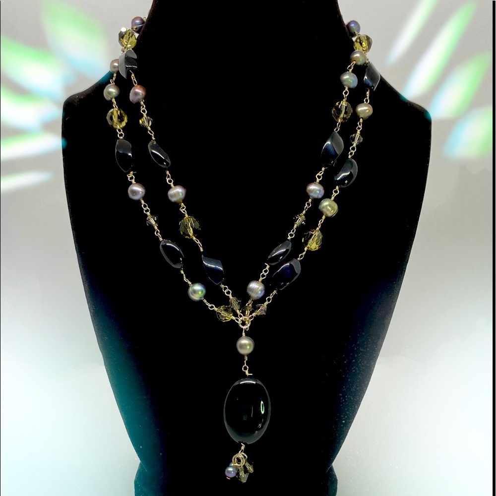 Black Onyx ~ Pearls ~ Crystal Beading Necklace